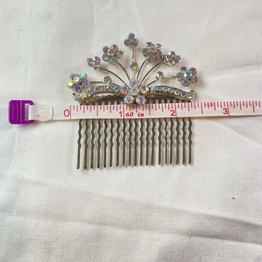 iridescent rhinestones hair comb barrette and bangle bracelet set silver color
